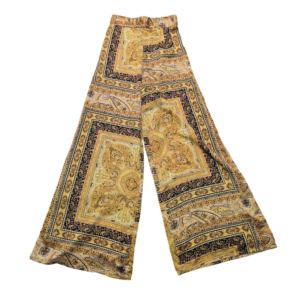Fashion Nova Pants Womens Small Gold Satin Paisley Wide Leg Belted Boho Dressy